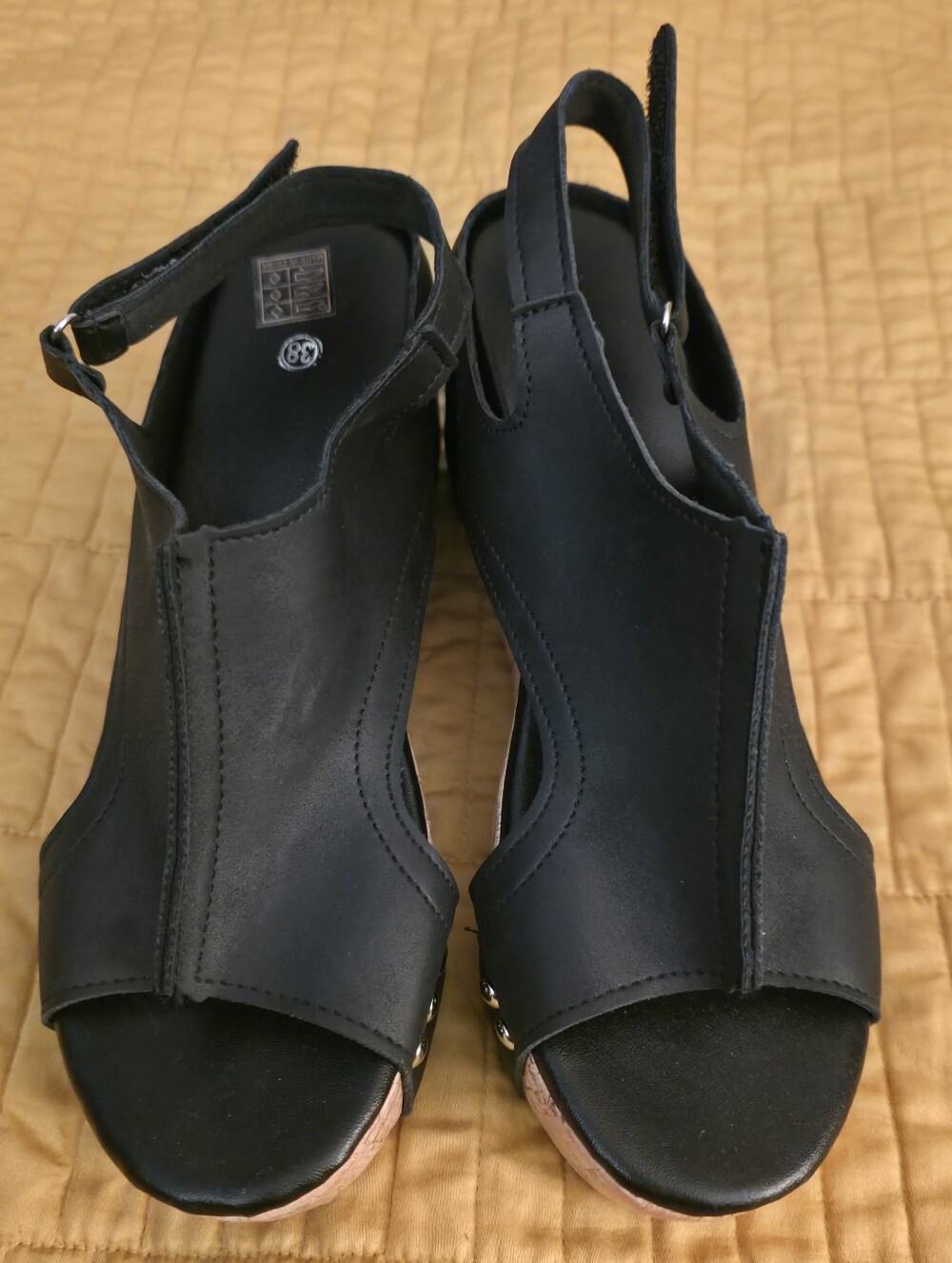 Women's Black Open-Toe Wedge Sandals with Ankle Strap